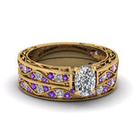 Load image into Gallery viewer, cushion-cut-antique-filigree-wedding-ring-set-with-purple-amethyst-in-yellow-gold-FDENS3543CUGVITO-NL-YG
