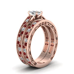 Load image into Gallery viewer, cushion-cut-antique-filigree-wedding-ring-set-with-ruby-in-rose-gold-FDENS3543CUGRUDRANGLE2-NL-RG
