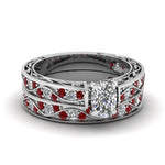 Load image into Gallery viewer, cushion-cut-antique-filigree-wedding-ring-set-with-ruby-in-white-gold-FDENS3543CUGRUDR-NL-WG