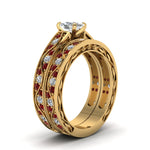 Load image into Gallery viewer, cushion-cut-antique-filigree-wedding-ring-set-with-ruby-in-yellow-gold-FDENS3543CUGRUDRANGLE2-NL-YG
