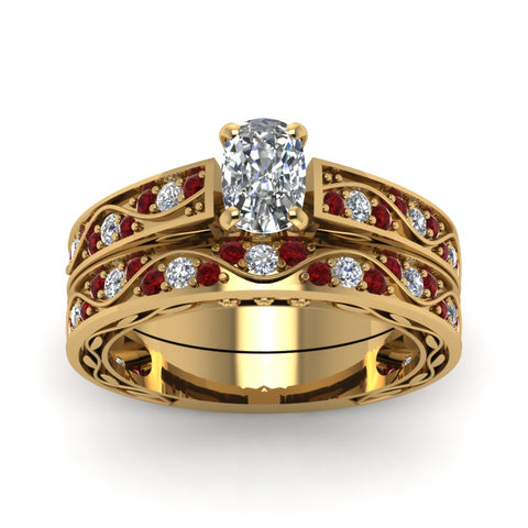 cushion-cut-antique-filigree-wedding-ring-set-with-ruby-in-yellow-gold-FDENS3543CUGRUDRANGLE5-NL-YG