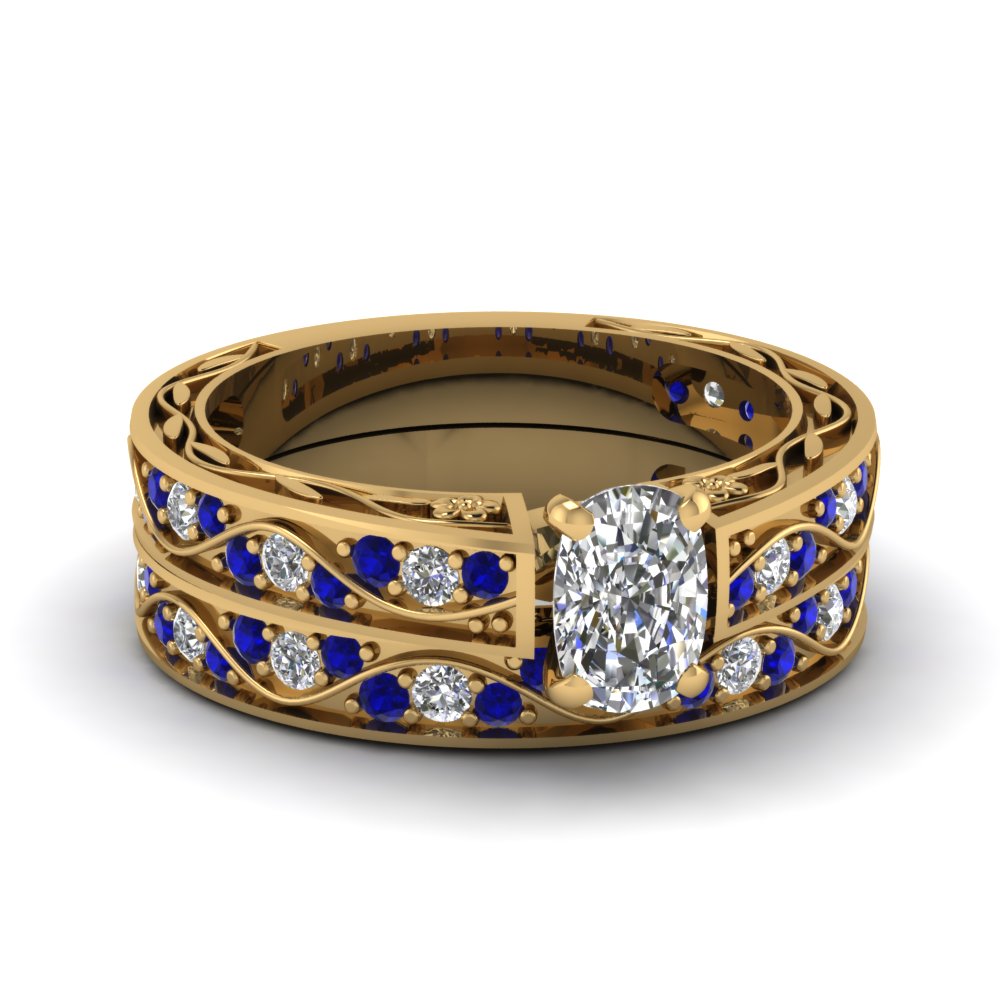 cushion-cut-antique-filigree-wedding-ring-set-with-sapphire-in-yellow-gold-FDENS3543CUGSABL-NL-YG