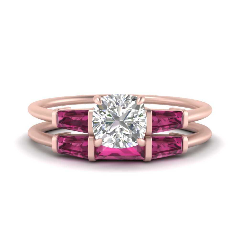 cushion-cut-bar-set-pink-sapphire-ring-with-matching-3-baguette-wedding-band-in-FDENS100CUGSADRPI-NL-RG