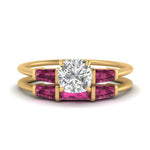 Load image into Gallery viewer, cushion-cut-bar-set-pink-sapphire-ring-with-matching-3-baguette-wedding-band-in-FDENS100CUGSADRPI-NL-YG
