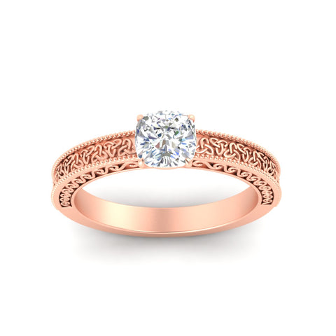 Cushion Cut Celtic Engraved Solitaire Engagement Ring