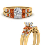 Load image into Gallery viewer, cushion-cut-channel-three-stone-diamond-engagement-ring-with-orange-sapphire-in-yellow-gold-FDENS205CUGSAOR-NL-YG.jpg