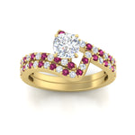 Load image into Gallery viewer, cushion-cut-diamond-wedding-ring-set-with-pink-sapphire-in-FDENS3007CUGSADRPI-NL-YG
