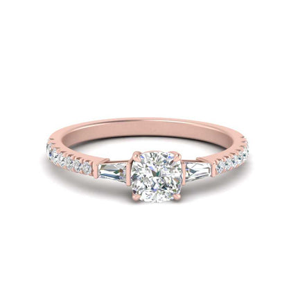 Cushion Cut Lab Diamond Ring with Baguette Side Stones
