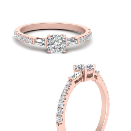 Cushion Cut Lab Diamond Ring with Baguette Side Stones