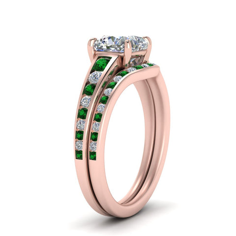 cushion-cut-graduated-channel-diamond-wedding-set-with-emerald-in-FD122866CUGEMGR-NL-RG