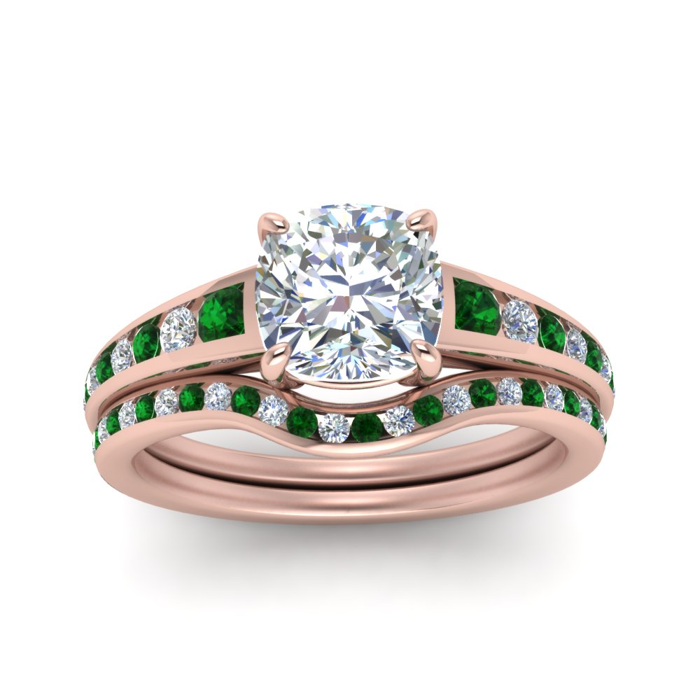 cushion-cut-graduated-channel-diamond-wedding-set-with-emerald-in-FD122866CUGEMGR-NL-RG