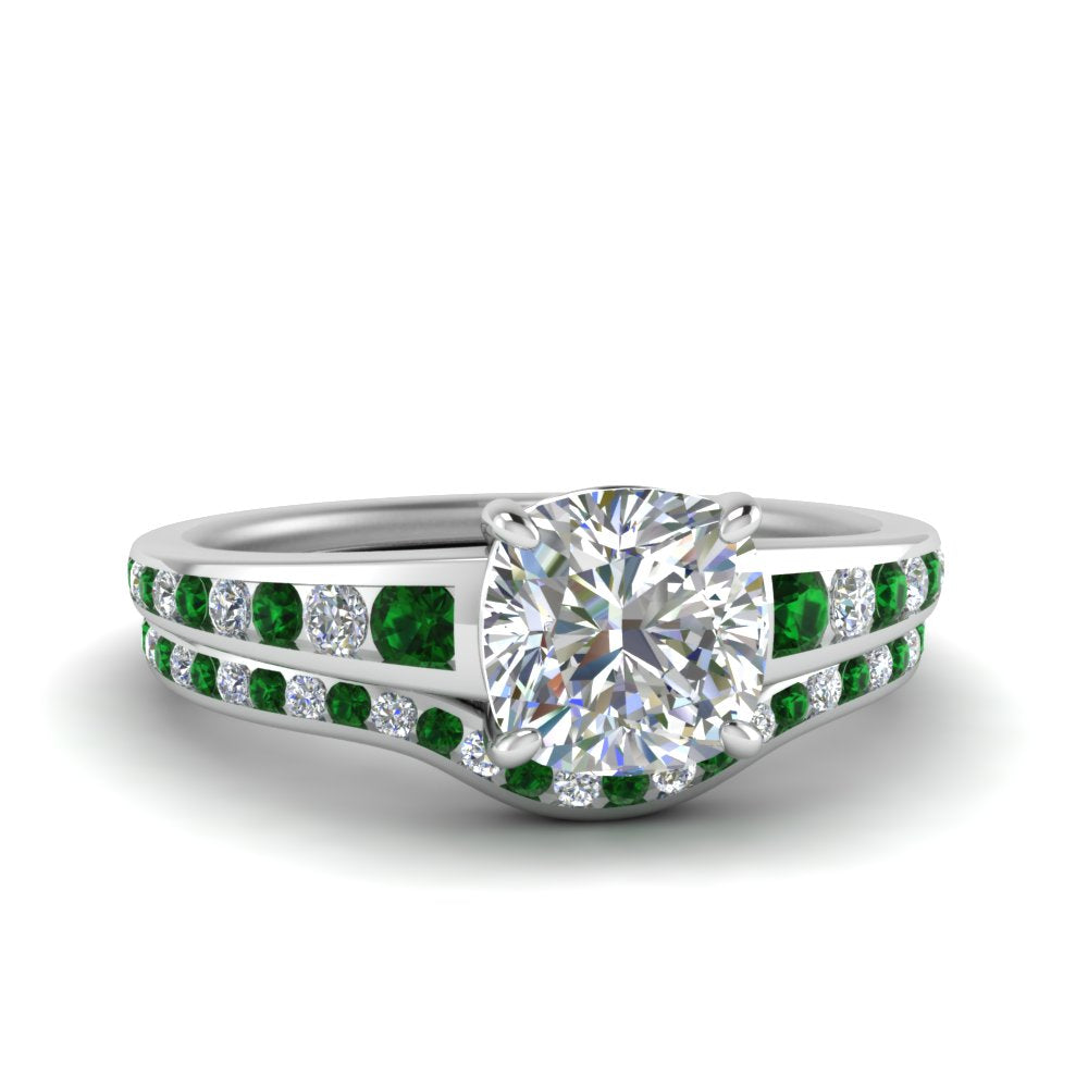 cushion-cut-graduated-channel-diamond-wedding-set-with-emerald-in-FD122866CUGEMGR-NL-WG