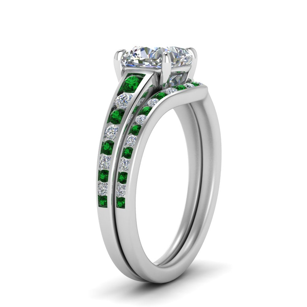cushion-cut-graduated-channel-diamond-wedding-set-with-emerald-in-FD122866CUGEMGR-NL-WG