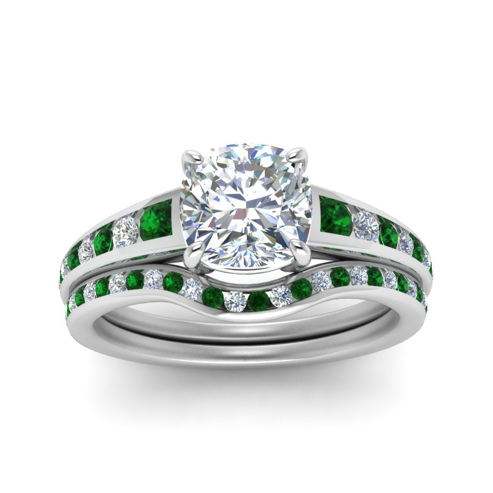 cushion-cut-graduated-channel-diamond-wedding-set-with-emerald-in-FD122866CUGEMGR-NL-WG