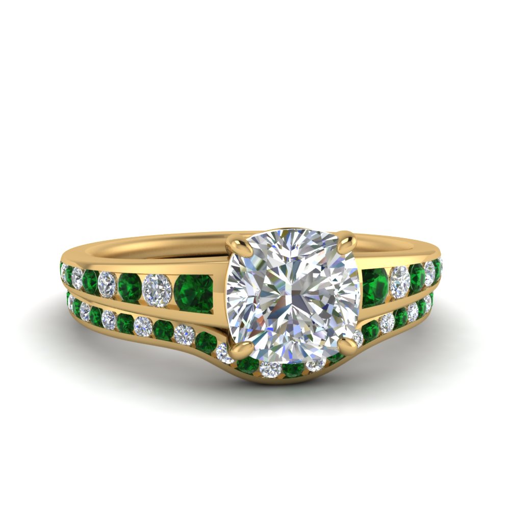 cushion-cut-graduated-channel-diamond-wedding-set-with-emerald-in-FD122866CUGEMGR-NL-YG