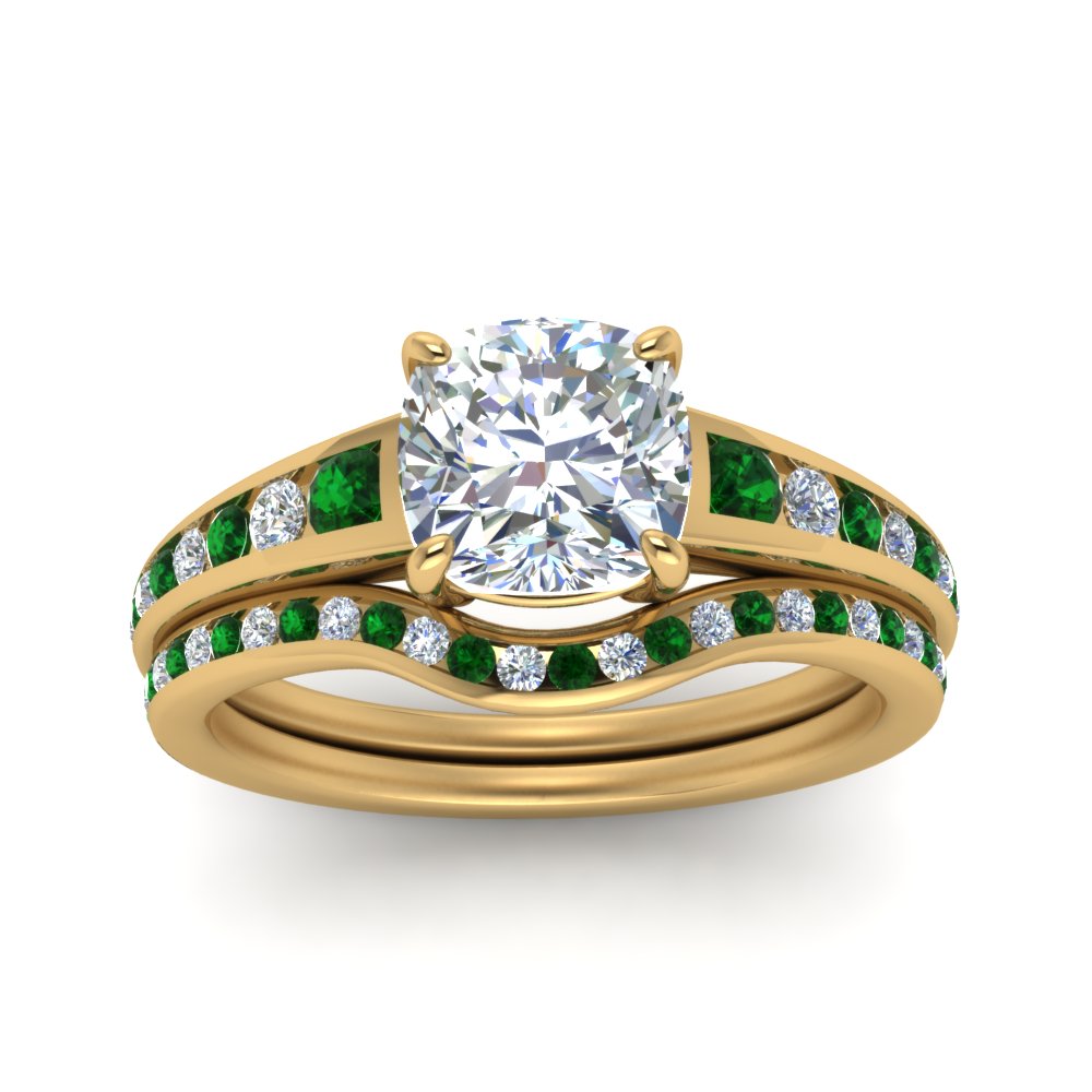 cushion-cut-graduated-channel-diamond-wedding-set-with-emerald-in-FD122866CUGEMGR-NL-YG