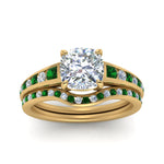 Load image into Gallery viewer, cushion-cut-graduated-channel-diamond-wedding-set-with-emerald-in-FD122866CUGEMGR-NL-YG
