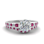 Load image into Gallery viewer, cushion-cut-graduated-channel-diamond-wedding-set-with-pink-sapphire-in-FD122866CUGSADRPI-NL-WG
