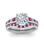 Load image into Gallery viewer, cushion-cut-graduated-channel-diamond-wedding-set-with-pink-sapphire-in-FD122866CUGSADRPI-NL-WG
