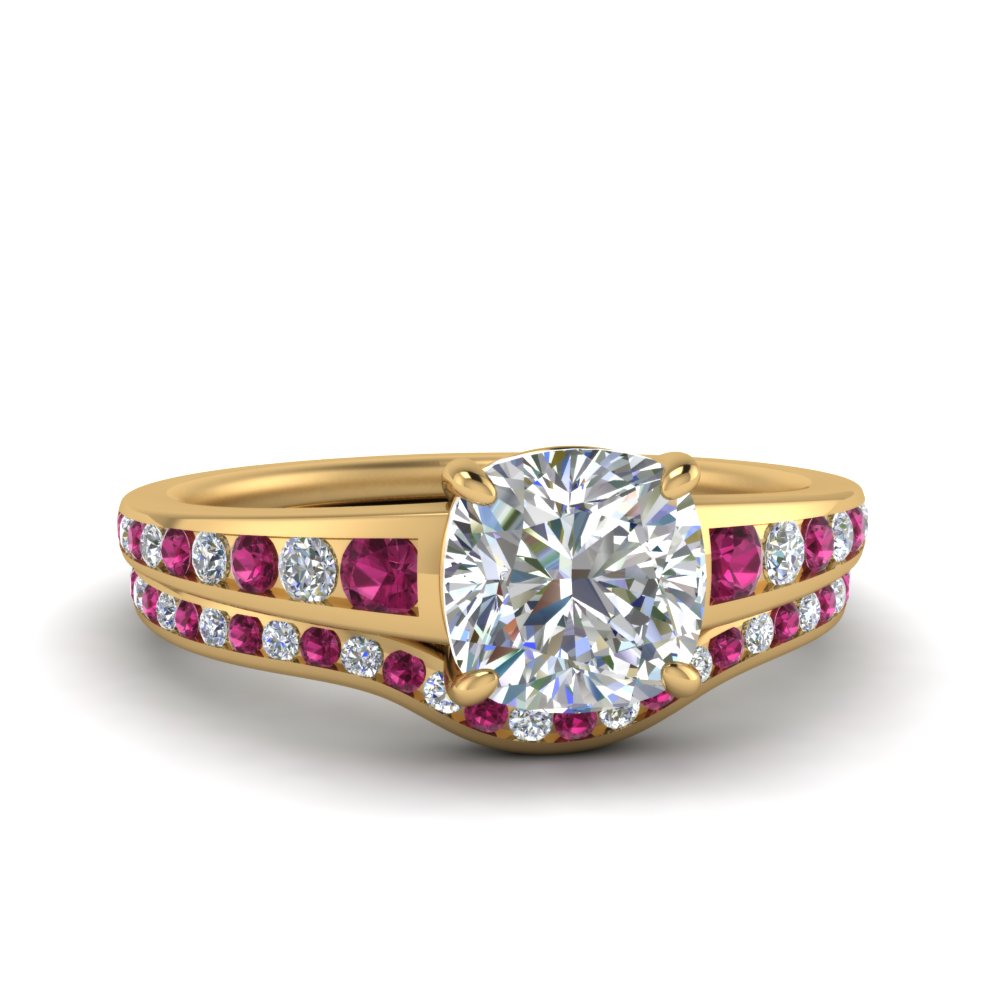 cushion-cut-graduated-channel-diamond-wedding-set-with-pink-sapphire-in-FD122866CUGSADRPI-NL-YG