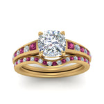 Load image into Gallery viewer, cushion-cut-graduated-channel-diamond-wedding-set-with-pink-sapphire-in-FD122866CUGSADRPI-NL-YG
