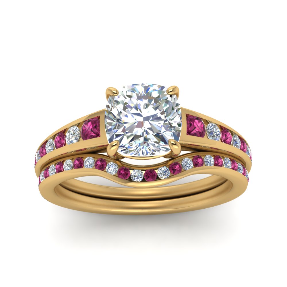 cushion-cut-graduated-channel-diamond-wedding-set-with-pink-sapphire-in-FD122866CUGSADRPI-NL-YG