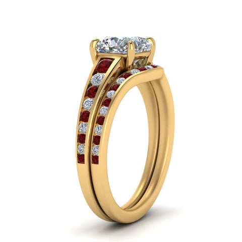 cushion-cut-graduated-channel-diamond-wedding-set-with-ruby-in-FD122866CUGRUDR-NL-YG