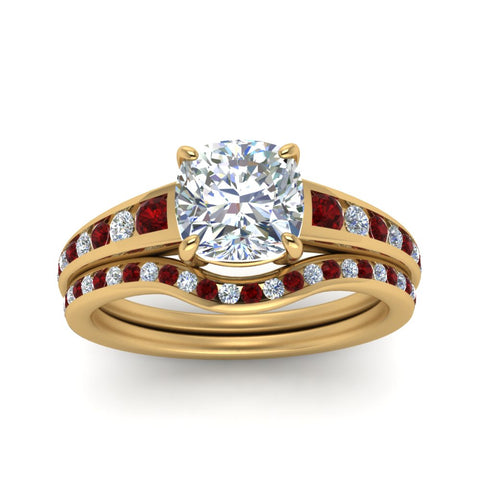 cushion-cut-graduated-channel-diamond-wedding-set-with-ruby-in-FD122866CUGRUDR-NL-YG
