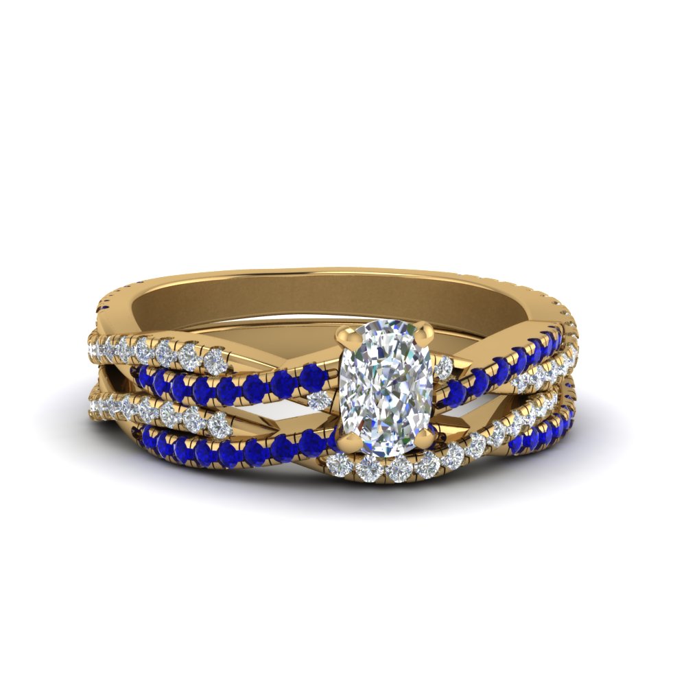 cushion-cut-simple-diamond-twisted-vine-bridal-ring-sets-with-blue-sapphire-in-14K-yellow-gold-FD8233CUGSABL-NL-YG