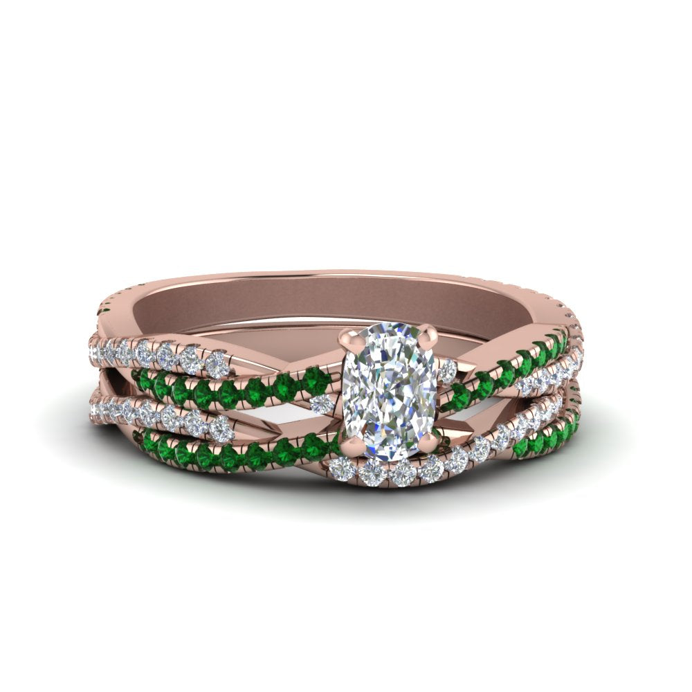 cushion-cut-simple-diamond-twisted-vine-bridal-ring-sets-with-emerald-in-14K-rose-gold-FD8233CUGEMGR-NL-RG