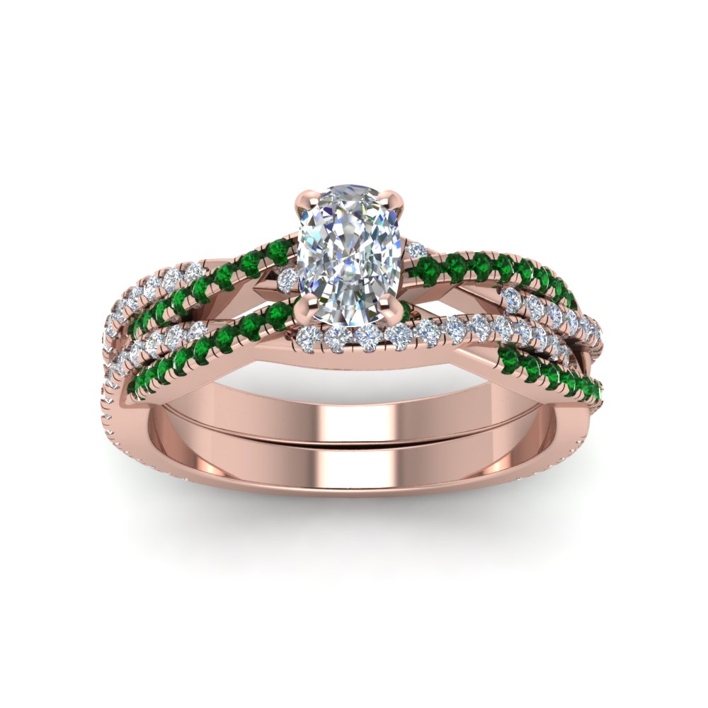 cushion-cut-simple-diamond-twisted-vine-bridal-ring-sets-with-emerald-in-14K-rose-gold-FD8233CUGEMGR-NL-RG