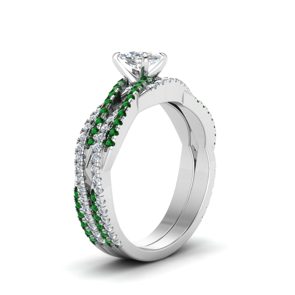 cushion-cut-simple-diamond-twisted-vine-bridal-ring-sets-with-emerald-in-14K-white-gold-FD8233CUGEMGR-NL-WG