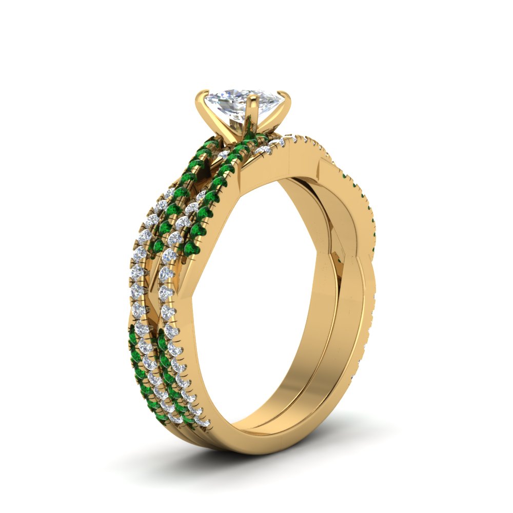 cushion-cut-simple-diamond-twisted-vine-bridal-ring-sets-with-emerald-in-14K-yellow-gold-FD8233CUGEMGR-NL-YG