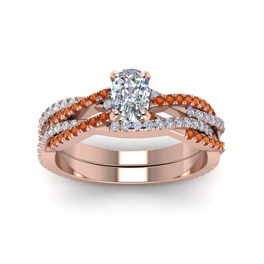 cushion-cut-simple-diamond-twisted-vine-bridal-ring-sets-with-orange-sapphire-in-14K-rose-gold-FD8233CUGSAOR-NL-RG