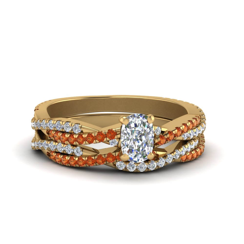 cushion-cut-simple-diamond-twisted-vine-bridal-ring-sets-with-orange-sapphire-in-14K-yellow-gold-FD8233CUGSAOR-NL-YG