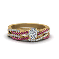 Thumbnail 70 - cushion-cut-simple-diamond-twisted-vine-bridal-ring-sets-with-pink-sapphire-in-14K-yellow-gold-FD8233CUGSADRPI-NL-YG