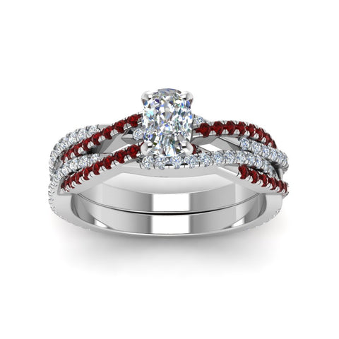 cushion-cut-simple-diamond-twisted-vine-bridal-ring-sets-with-ruby-in-14K-white-gold-FD8233CUGRUDR-NL-WG