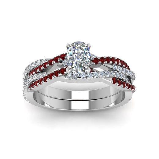 cushion-cut-simple-diamond-twisted-vine-bridal-ring-sets-with-ruby-in-14K-white-gold-FD8233CUGRUDR-NL-WG