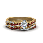 Load image into Gallery viewer, cushion-cut-simple-diamond-twisted-vine-bridal-ring-sets-with-ruby-in-14K-yellow-gold-FD8233CUGRUDR-NL-YG
