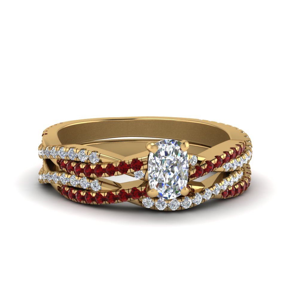 cushion-cut-simple-diamond-twisted-vine-bridal-ring-sets-with-ruby-in-14K-yellow-gold-FD8233CUGRUDR-NL-YG