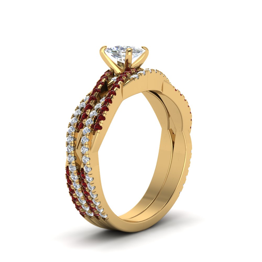 cushion-cut-simple-diamond-twisted-vine-bridal-ring-sets-with-ruby-in-14K-yellow-gold-FD8233CUGRUDR-NL-YG