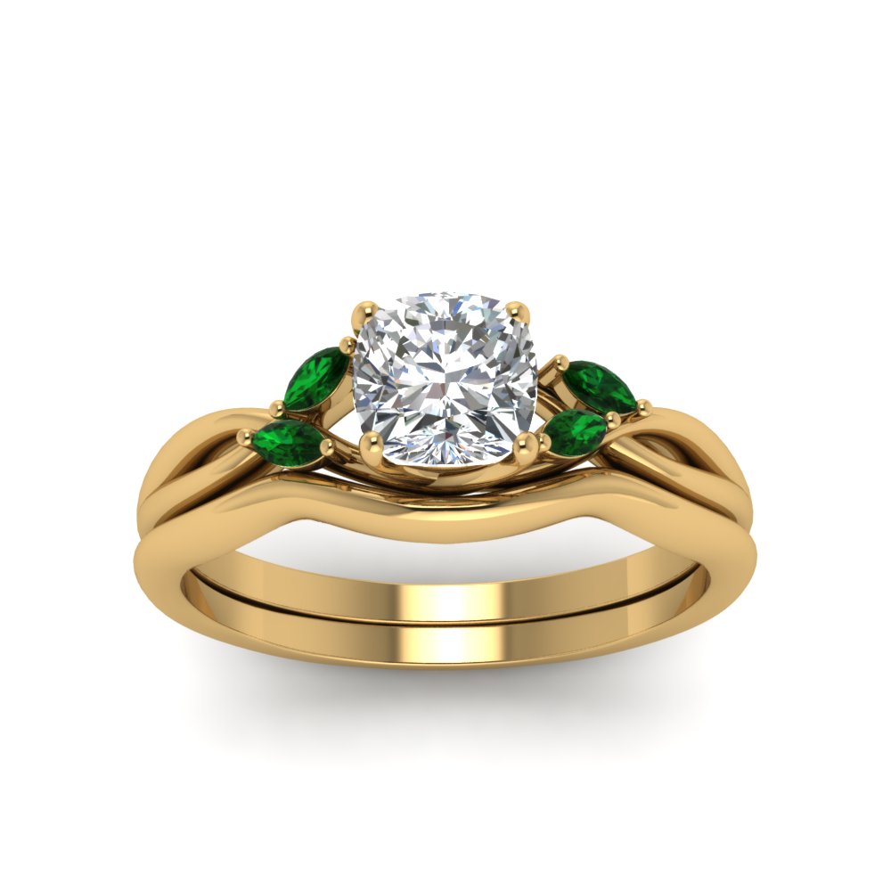 cushion-cut-twisted-diamond-ring-with-matching-curved-band-with-emerald-in-14K-yellow-gold-FD8300CUGEMGR-NL-YG.jpg