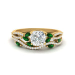 Load image into Gallery viewer, cushion-cut-twisted-vine-luxury-emerald-bridal-ring-set-in-yellow-gold-FDENR3211CUGEMGRANGLE3-NL-YG
