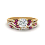 Load image into Gallery viewer, cushion-cut-twisted-vine-luxury-pink-sapphire-bridal-ring-set-in-yellow-gold-FDENR3211CUGSADRPIANGLE3-NL-YG
