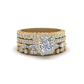 Cushion Halo Ring With Stack Wedding Bands