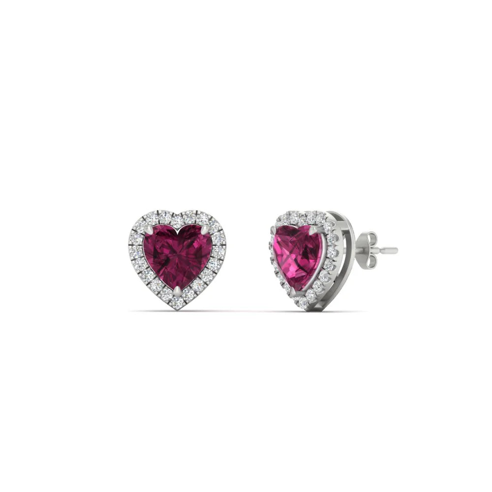 Cute heart pink sapphire halo diamond earrings in WG