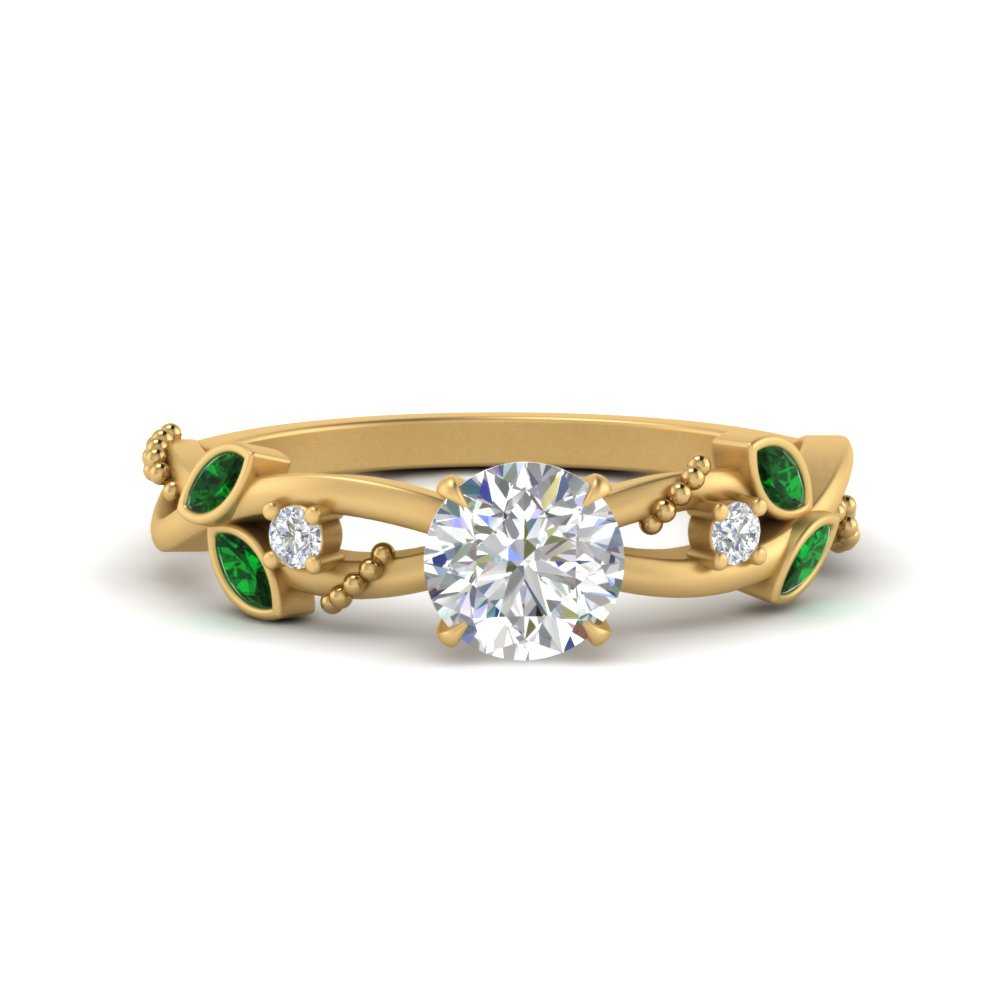 Delicate-Flower-Round-Lab-Diamond-Ring-With-Emerald-In-14K-Yellow-Gold-FD9707ROR