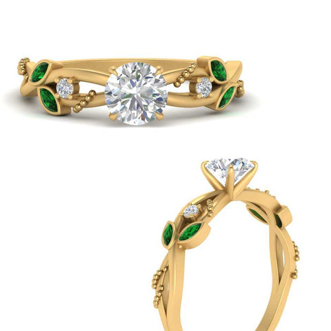 Delicate-Flower-Round-Lab-Diamond-Ring-With-Emerald-In-14K-Yellow-Gold-FD9707ROR