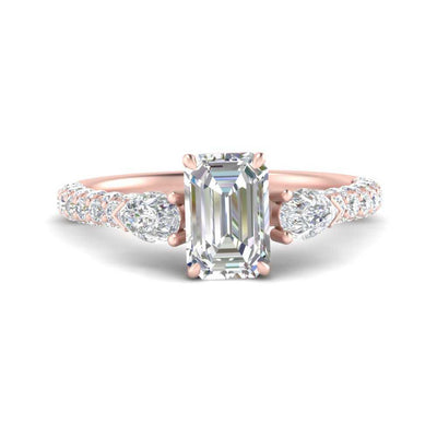 Pear Accented 3 Row Emerald Cut Engagement Ring