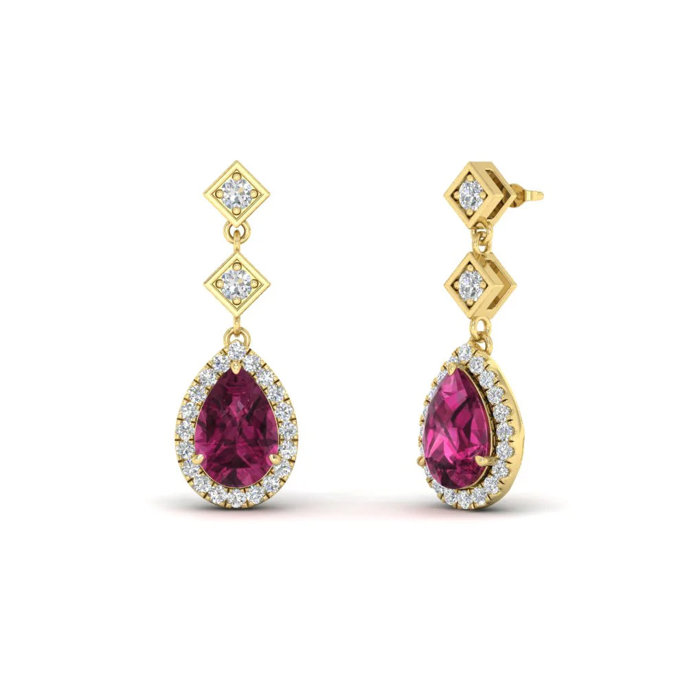 Double drop pink sapphire pear halo earrings in YG